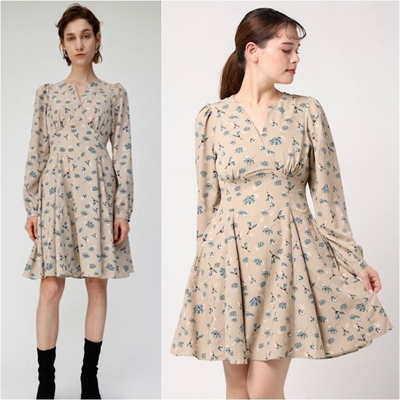 NWT MOUSSY Floral Print Taupe Puff Long Sleeve Fit & Flare Empire Waist Dress S - Picture 1 of 10